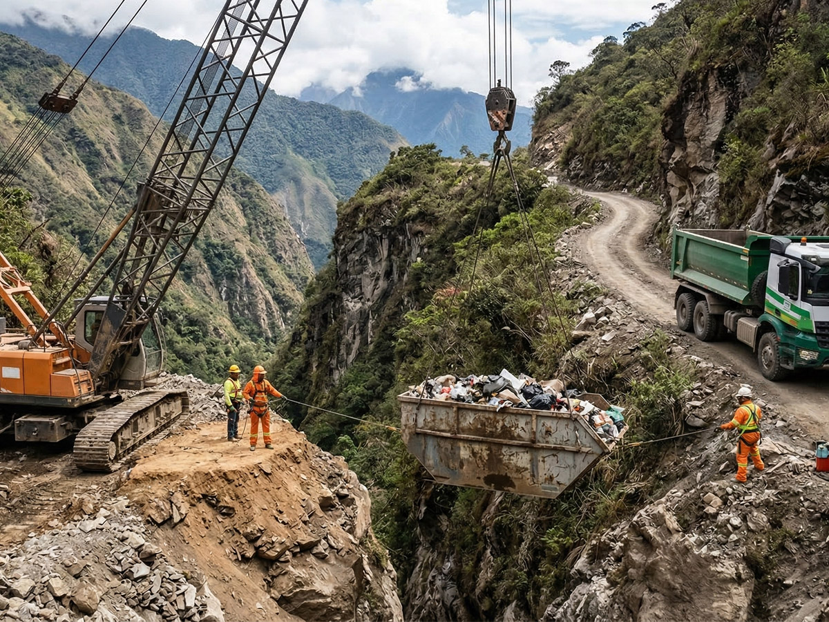 Transporte de residuos en zonas de difícil acceso grúas y maquinaria especial
